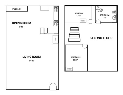 A floor plan of a house with a porch, dining room, living room, and two bedrooms.